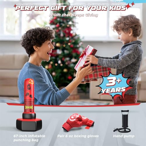 ODOSOLA 67'' Inflatable Punching Bag Freestanding for Kids Aged 3-12 – Heavy Duty Boxing Set for Karate & Taekwondo, Stable Boxing Bag Active Kids Toy, Christmas Birthday Gift for Boys and Girls - color: 레드