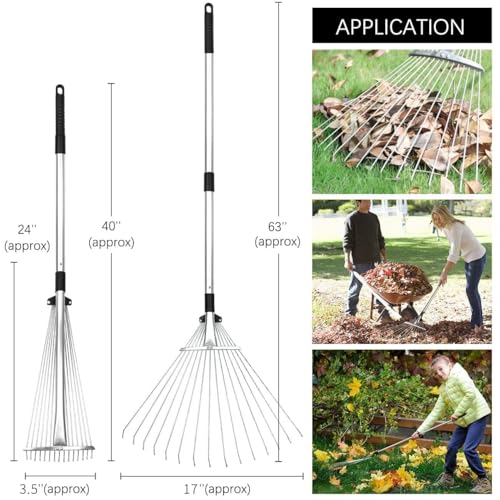 Buyplus Adjustable Garden Leaf Rake - 24 to 63 Inch Telescopic Metal Expandable Folding Leaves Rake, Metal Rake for Leaves, Yard Rakes for Lawn Yard, Flowers Beds, Black - color: Black