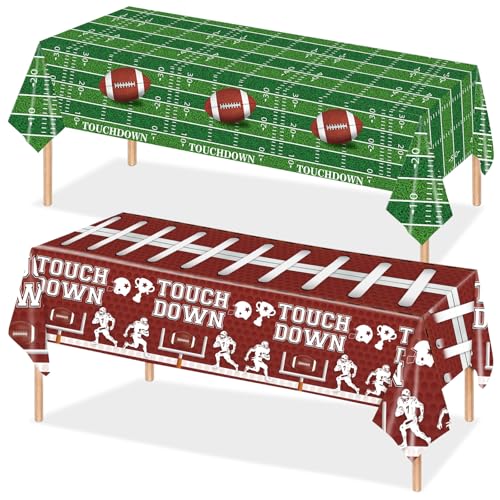 2PCS Football Tablecloth Football Party Decorations Touchdown Disposable Plastic Table Cover for Sport Birthday Touchdown Game Day Tailgate Decorations Home Kitchen Dining Room Table Decor 54"x108" - color: Brown+green
