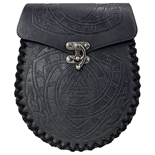 HiiFeuer Nordic Embossed Belt Bag, Retro Medieval Faux Leather Side Pocket, Portable Vintage Waist Bag for LARP Ren Faire - color: Odin Black