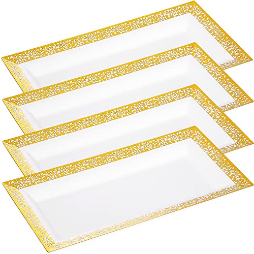 Disposable Serving Trays and Platters Set, Pack of 4-7.5 x 14 Inches White Plastic Rectangular Tray with Gold Lace Rim - Gold Serving Tray Decorative Plastic Dessert Trays for Dessert Table, Parties - color: Gold White Lace, size: 4 Pack