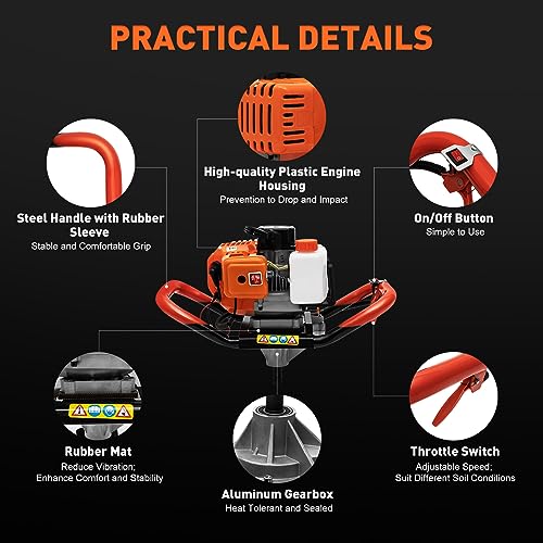 Auger Post Hole Digger, Gas Powered Earth Post Hole Digger Post Holes Earth Digger Petrol Drill Borer Bulb Planting Drill Fence Hole Maker Machine (52cc 2.54HP 1.9KW) - size: 52cc 2.54HP 1.9KW
