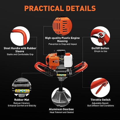 Auger Post Hole Digger, Gas Powered Earth Post Hole Digger Post Holes Earth Digger Petrol Drill Borer Bulb Planting Drill Fence Hole Maker Machine (52cc 2.54HP 1.9KW) - size: 52cc 2.54HP 1.9KW
