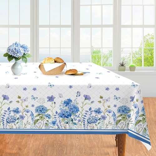 1Pc Blue Hydrangeas Flowers Party Plastic Tablecloth 54 x 87 Inch Long Table Cover, Spring Butterfly Party Tablecover for Floral Theme Kids Baby Shower Birthday Dinner Picnic Kitchen Event - color: Blue Hydrangeas