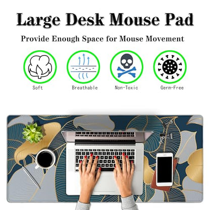 Mouse Pad for Women Gold Blue Desktop Pad Gaming Mouse Pads Large Mousepad Office Pad Waterproof Non-Slip Rubber Base 35.4" X 15.7" for Game Office, Precious Leaves of The Jungle - color: Precious Leaves