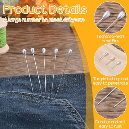 100PCS Corsage Pins, 3 Inch Long Teardrop Pearl Head Pins, Boutonniere Pin Straight Head for Sewing DIY Craft Decoration, Wedding, Jewelry Flower Decoration Pinning Quilt