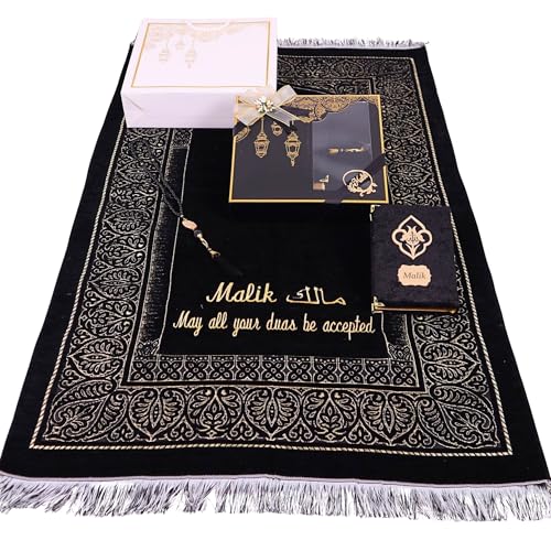 IEF Personalized Wedding Gifts Prayer Mat, Eid Gifts Quran Prayer Beads Set Birthday Gifts for Women Mother's Day Gifts Anniversary Gift Chenille Prayer Rug Pearl Prayer Beads Arabic Quran (Black) - color: Black