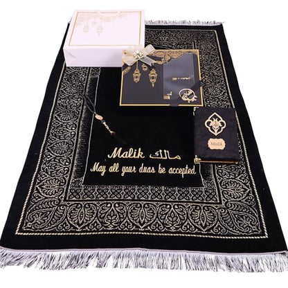 IEF Personalized Wedding Gifts Prayer Mat, Eid Gifts Quran Prayer Beads Set Birthday Gifts for Women Mother's Day Gifts Anniversary Gift Chenille Prayer Rug Pearl Prayer Beads Arabic Quran (Black) - color: Black
