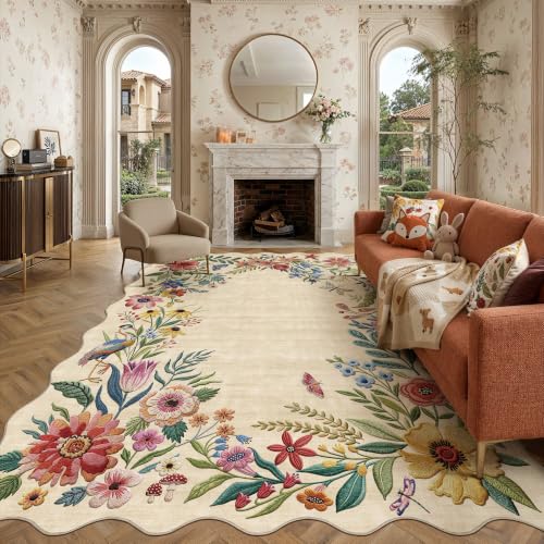 8x10 Floral Beige Scalloped Area Rug - color: Beige, size: 8' x 10' (Scalloped)