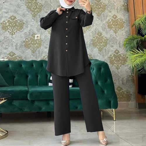 ODIZLI Muslim Long Sleeve Blouse Wide Leg Pants Suits Autumn Solid Abaya Women Matching Sets 2PCS Tracksuits Turkey Kaftan - color: Black- Button Down Shirt, size: Medium