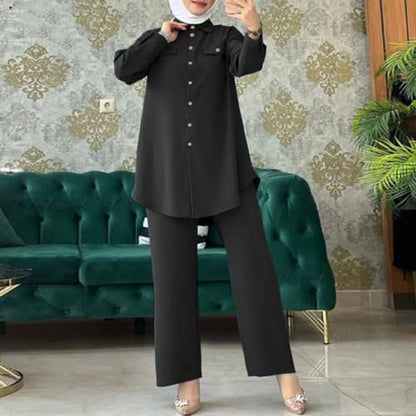 ODIZLI Muslim Long Sleeve Blouse Wide Leg Pants Suits Autumn Solid Abaya Women Matching Sets 2PCS Tracksuits Turkey Kaftan - color: Black- Button Down Shirt, size: Large