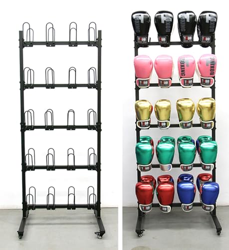 Boxing Gym Mobile Glove Storage Rack with Wheels, Boxing Glove Dryer Display Stand, Heavy Duty Metal Double Sided 5 Tier Glove Hanging Rack Holds 20 Pairs of Gloves