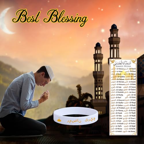 30 Sets Ramadan Eid Mubarak Silicone Bracelets with 99 Names of Allah Bookmark, Islamic Party Favors Bulk, Mubarak Kareem Wristbands, Muslim Gift Set for Family Friends School Classroom Events - style: Two Color-30