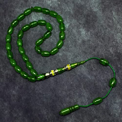 EXCLUSIVE COLLECTION -Handmade Silver Engraved Bakelite Tesbih, Tasbih, Islamic Rosary, Islamic Prayer Beads, Misbaha (6x11 mm 33 Lime Green Beads) - color: 6x11 mm 33 Lime Green Beads