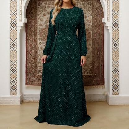 Muslim Dresses for Women Maxi Dress with Belt Long Sleeve Crew Neck Dress Long Casual Church Dress Prayer Clothes - color: Green, size: XX-Large