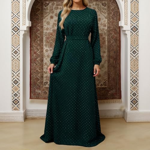 Muslim Dresses for Women Maxi Dress with Belt Long Sleeve Crew Neck Dress Long Casual Church Dress Prayer Clothes - color: Green, size: Large