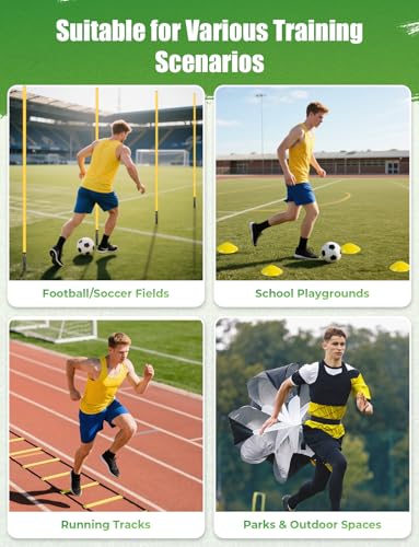 GHB Soccer Agility Training Equipment, 6 Agility Poles, 20ft Speed Ladder, 12 Disc Cones, Resistance Parachute, Jump Rope, 5 Resistance Bands, Soccer Training Poles for Speed Agility Training