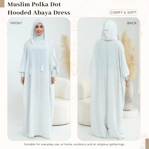 Polka Dot Abaya| Hooded Abaya for Muslim Women| 1pc Hoody Dress| Maxi Dress - color: White, size: Size 1
