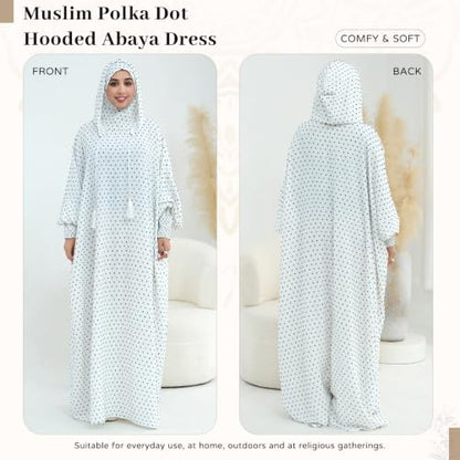 Polka Dot Abaya| Hooded Abaya for Muslim Women| 1pc Hoody Dress| Maxi Dress - color: White, size: Size 1