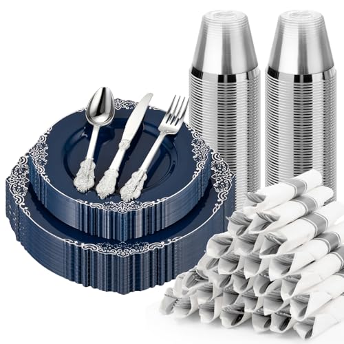 Bestluck 175PCS Navy Blue Disposable Dinnerware for 25 Guests - color: Navy Blue, size: 25 Guests Set