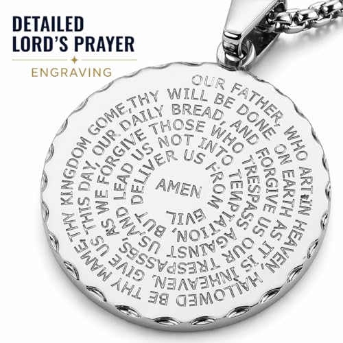 Steeltime Stainless Steel Lords Prayer Necklace with Simulated Diamonds - color: Silver, style: Round Pendant