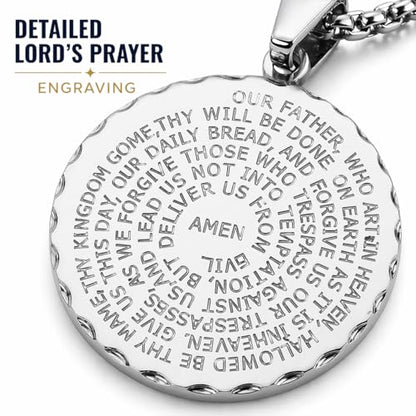 Steeltime Stainless Steel Lords Prayer Necklace with Simulated Diamonds - color: Silver, style: Round Pendant