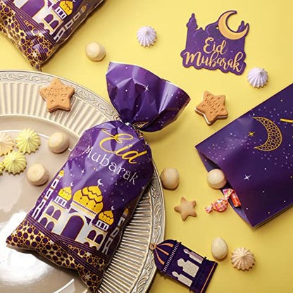 Blulu 100 Pcs Eid Mubarak Party Treat Bags, Ramadan Theme Printed Pattern Gift Cellophane Clear Plastic Goodie Favor Bags with Silver Twist Ties for Eid Mubarak Party (Purple Gold)