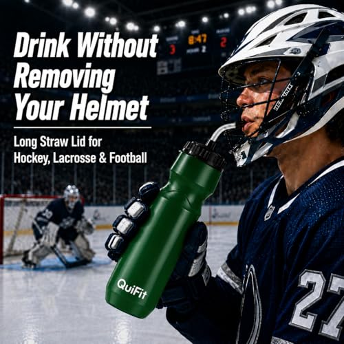 QuiFit Hockey Water Bottle with Long Straw -32oz Lacrosse Water Bottle 2 Pack with 2 Lids Each- BPA Free Squeeze Sports Water Bottles, Leakproof Dishwasher Safe- for Helmet,Lacrosse (Green) - color: Green