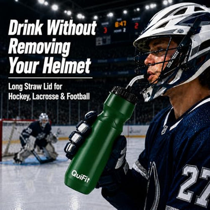 QuiFit Hockey Water Bottle with Long Straw -32oz Lacrosse Water Bottle 2 Pack with 2 Lids Each- BPA Free Squeeze Sports Water Bottles, Leakproof Dishwasher Safe- for Helmet,Lacrosse (Green) - color: Green