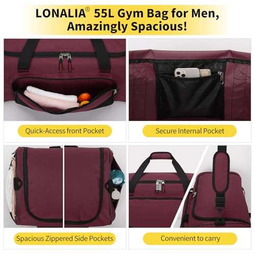 55L Large Sports Duffle Gym Bag for Men, Maroon | Heavy Duty, Multi Pockets, Roomy, 22 inch - color: Maroon