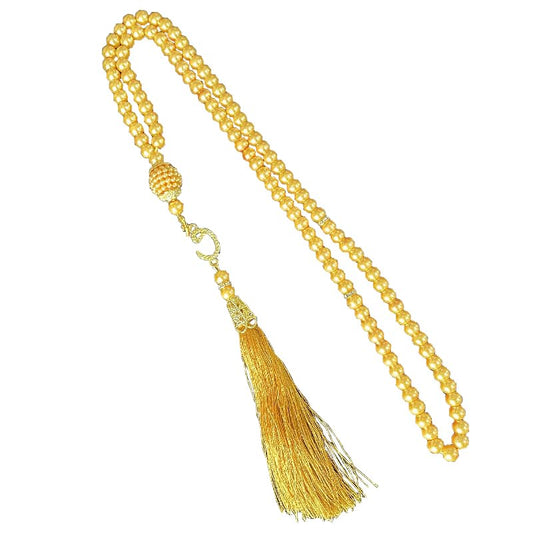 Tasbih Muslim Prayer Praise Beads, 6mm 99 Beads Glass Pearl Muslim Rosary Bracelet with Tassel, Natural Bead Pearls Tassel Pendant, Men Women Meditation Jewelry (Yellow) - color: Yellow