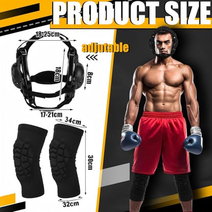 Lewtemi Wrestling Headgear Knee Pads Set Including Adjustable Thick Wrestling Ear Guard and Protective Anti-Slip Knee Pads for Sparring Brazilian Jiu Jitsu Training - size: L Size
