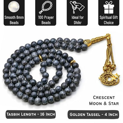 Amazing Gemstone Crystal Tasbeeh with Moon and Star Charm - Certified Crystal Muslim Prayer Beads Natural Gemstone Tasbih Gift for Ramadan Dhikr and Daily Namaz (G) - color: Larvikite