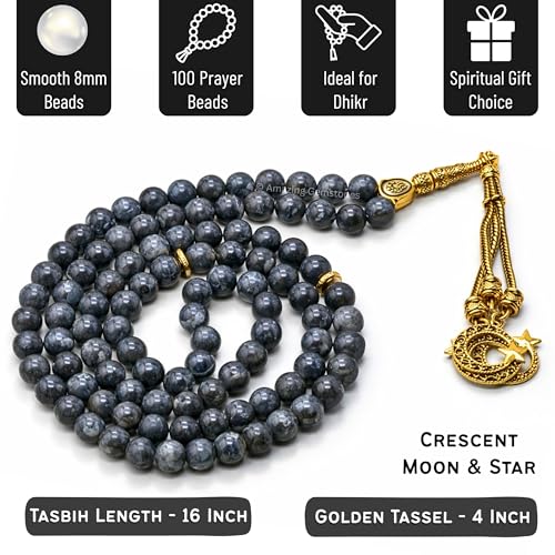 Amazing Gemstone Crystal Tasbeeh with Moon and Star Charm - Certified Crystal Muslim Prayer Beads Natural Gemstone Tasbih Gift for Ramadan Dhikr and Daily Namaz (G) - color: Larvikite