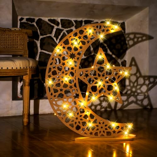 DoubleFill Eid Mubarak Ramadan Crescent Moon Star Light 27.56 x 20.67 Inches LED Wooden Ramadan Mubarak Decoration Eid Gift for Home Bedroom Floor Yard Lawn Islamic Outdoor Decor(Classic) - style: Classic