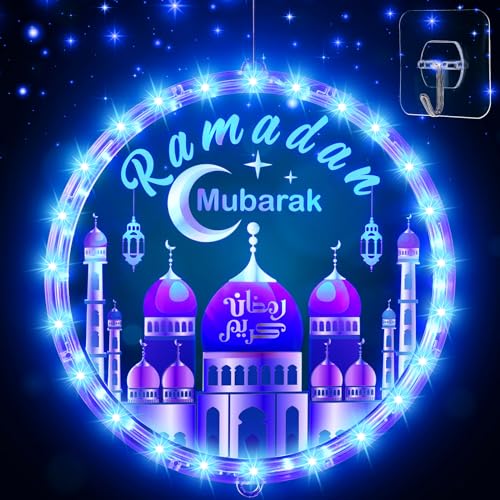 Capoda 9.45 Ramadan Window Lights Eid Mubarak Decorations Moon Start and End with Allah Wall Art Lights up Muslim Plaque for Door Home Eid Al Fitr Party Supplies, Blue