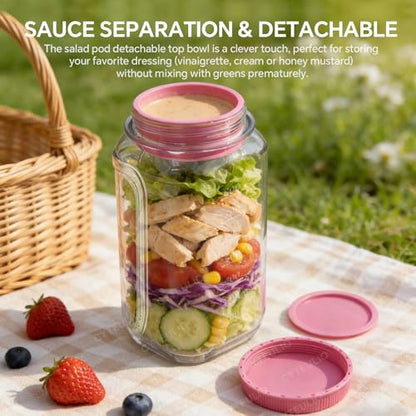 Creative Salad Pod Side Open, Salad Jars with Dressing Cup for Office, Park, Travel, Outdoors. Equipped with Waterproof Cover and Ring, Sauce Box Supoort Dishwasher & Freezer. (Pink)