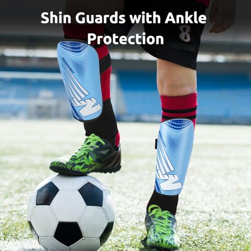 Shin Guards Soccer Youth Kids - Shin Guard for Toddler Boys Girls Teenagers 2-18 Years Old with Ankle Sleeves Protection - Football Shin Pads Equipment with Adjustable Strap - color: Blue, size: Small