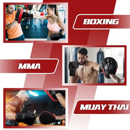 Foilswirl 4-in-1 2 Pairs Boxing Gloves and Punching Mitts Set for Kids, Boxing Gloves Pads Equipment Set for Training, Kickboxing, MMA, Karate, Muay Thai, Taekwondo, Martial Arts - color: Red and Black