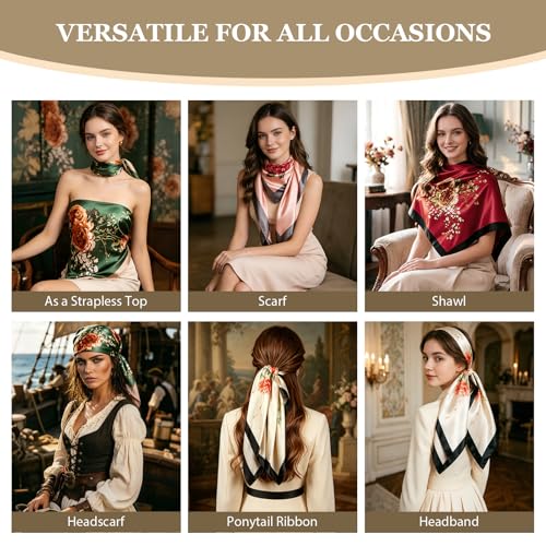 DRESHOW 35” Large Square Satin Head Scarf - 4Pcs Silk Accessories Classic Patterned Squares Beach Bandanas for Women - color: 4 Pcs Printed: Light Pink, Red, Army Green, Beige