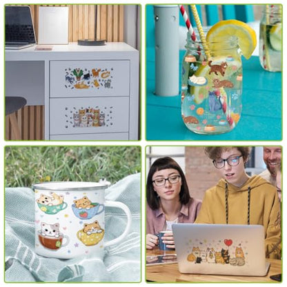 arricraft 10 Sheets Cartoon Cat UV DTF Cup Wrap for 16OZ Glass, Many Cats in Various Poses Paw Print Fish Bone Rub on Decals PVC Transfer Stickers for DIY Cups Window Home Printing Decoration 24x11cm - style: Cartoon Cat Theme