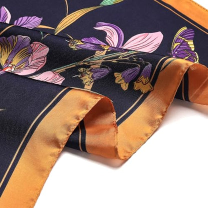 Stlvoll 27.5" Silk Neck Scarf of Women's Fashion Head Scarf Square Neck Satin Scarfs for Bag Hair Scarves Gift - color: Flower/Gold/Black/Purple