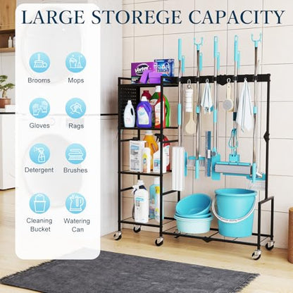 Broom Holder with Cleaning Supplies Organizer, Heavy Duty Janitorial Housekeeping Cart with Mop Clips & Hooks, Home Essentials Broom Closet Storage, Multifunctional Cleaning Cart for Laundry