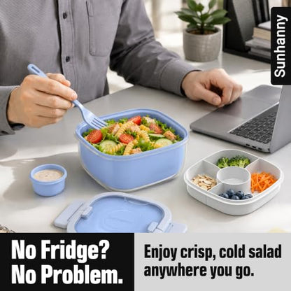Salad Container with Ice Pack & Handle, 6.8 Cup / 1600ml Large Portable Salad Bowl Lunch Box with Lid, Fork Holder & Sauce Cup, 4-Compartment Removable Tray Meal Prep Bento Box, Blue - color: Blue