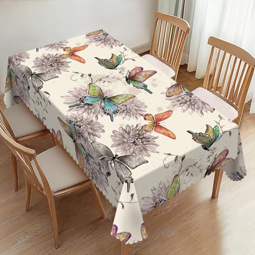 Retro Flying Butterflies Rectangle Tablecloths Butterfly Flower Table Cloths Dacorative Kitchen Dining Tablecloth for Rectangular Tables,Washable Table Cover for Party 54 x 72 Inch - color: Beige Orange