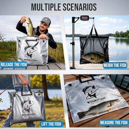 THKFISH Fish Tournament Weigh in Bag for Bass Fishing with Leakproof Zipper | Heavy Duty Live Fish Bags for Caught Fish with Waterproof Zipper and Mesh Liner,Puncture Resistant - color: Silver-25×23in with Net