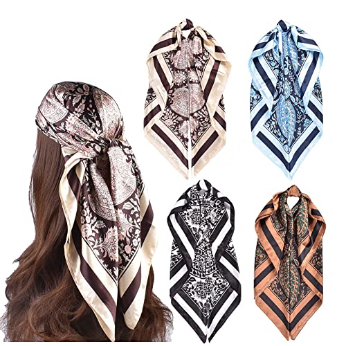 4Pcs Silk Head Scarves for Women Satin Hair Scarf 35”Large Square Bandana Silk Like Neck Scarf Shawl - color: Blue/Coffee/Beige/Black