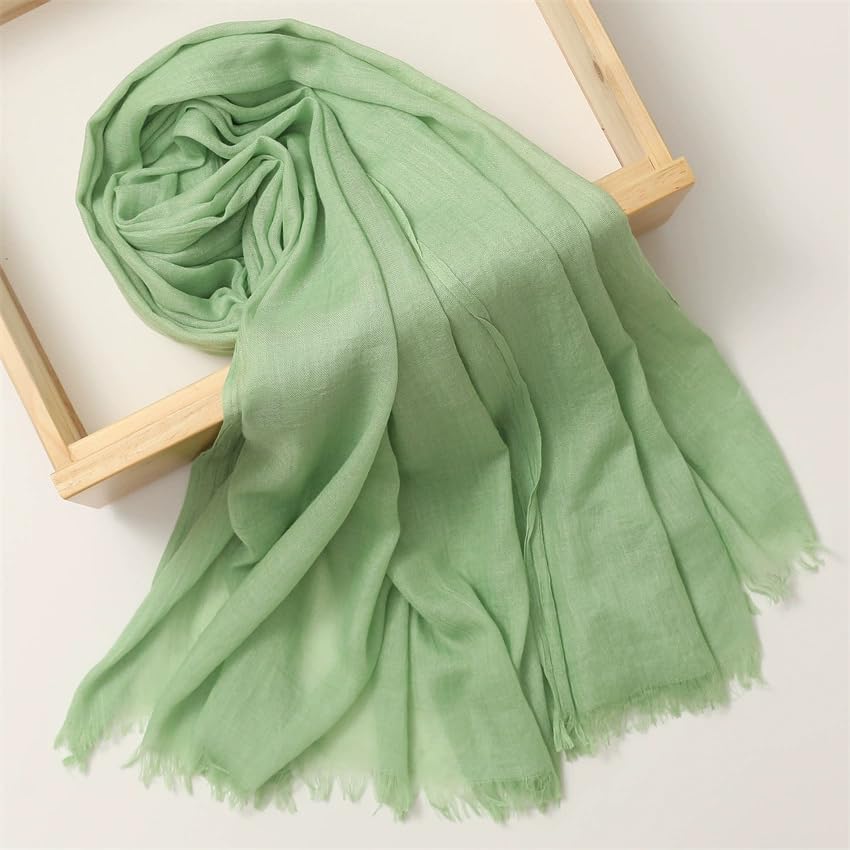 Solid color cotton and linen scarf, wrinkled all season versatile long sunscreen fashionable shawl - color: Light Emerald Green