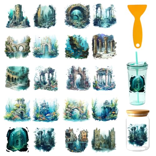 20 Pcs Ocean Empire UV DTF Cup Wraps, 4.3 x 9.4 Inch Ocean Thmem UV DTF Transfer Stickers Waterproof Rub on Transfer Decals for 16OZ Glass Bottle Vase Furniture Crafts - style: Ocean Empire