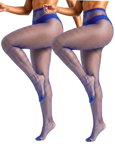 ZINTEDI 2 Pairs Womens Fishnet Stockings High Waist Tights Fishnets Fishnet Tights for Women - color: Blue